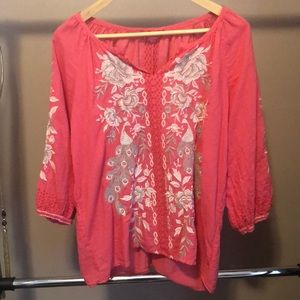 Johnny Was Coral Peacock Embroidered Blouse